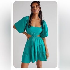 Free People Cross Of Sunlight Mini Dress Cutout Waist Puff Sleeve TurquoiseLarge